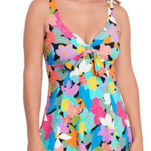 NWT Swim Solutions Women's Printed Tummy-Control Bow-Front Swimdress Size 10